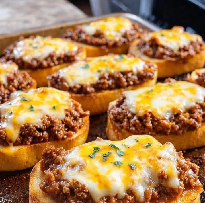 Überbackene Hackfleischbrötchen frisch aus dem Ofen mit geschmolzenem Käse