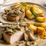 Zartes Schweinefilet in cremiger Champignonsoße auf einem Teller serviert.