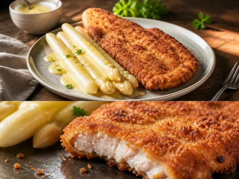 Zartes Spargel-Schnitzel mit Hollandaise auf festlichem Teller angerichtet