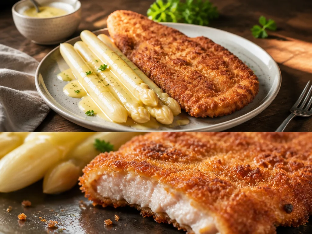 Zartes Spargel-Schnitzel mit Hollandaise auf festlichem Teller angerichtet